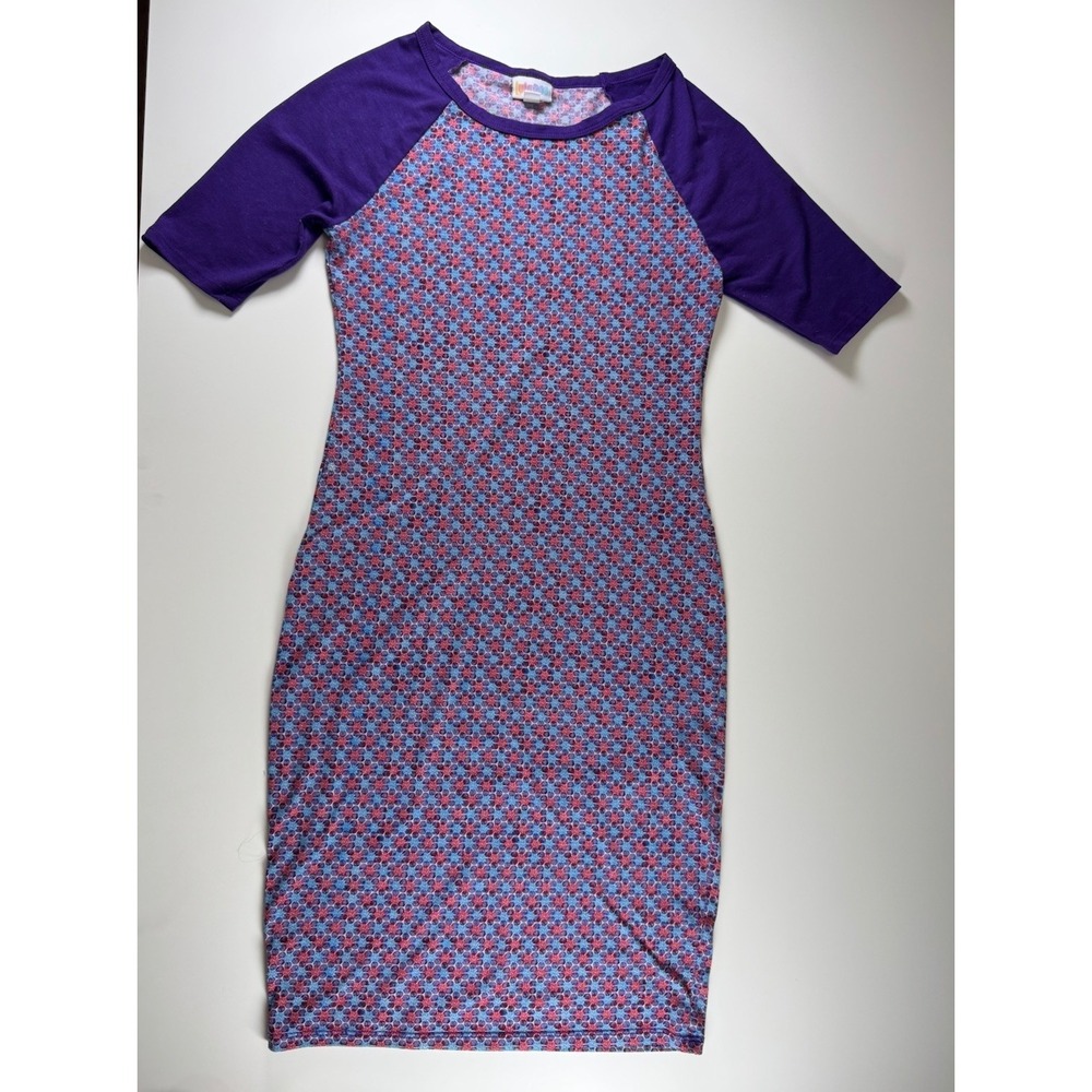 LulaRoe Womens Dress Sz XXS Blue Red  PurpleGeometric Short Sleeve Pullover Long